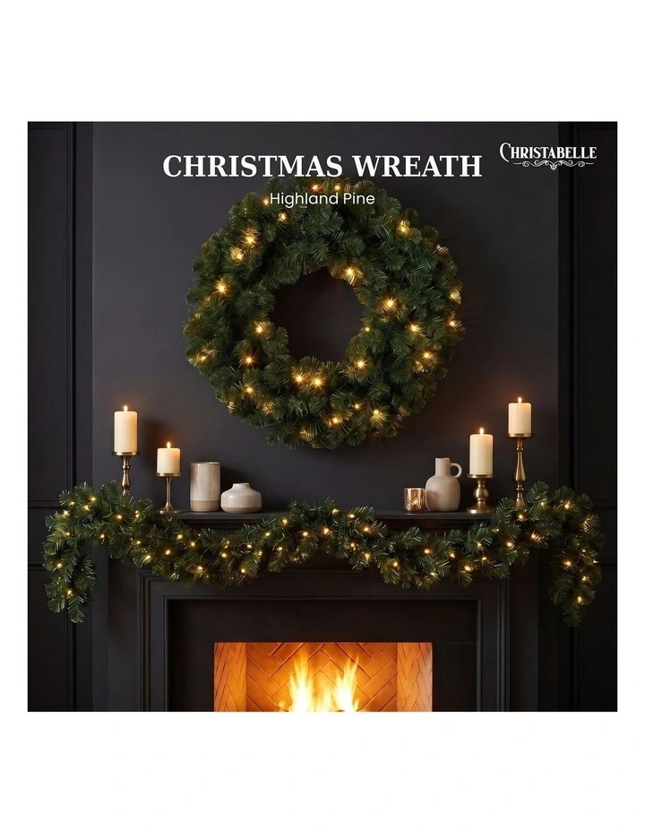 Christabelle 61cm Highland Pine Christmas Wreath Pre Lit Warm White LED Artificial Decoration image 5