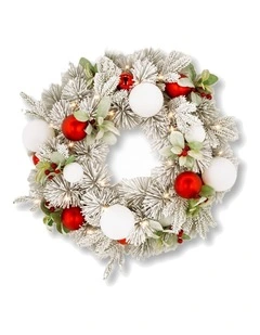 Christabelle 61cm Snowy Elegance Christmas Wreath Pre Lit Warm White LED Red Baubles Berries