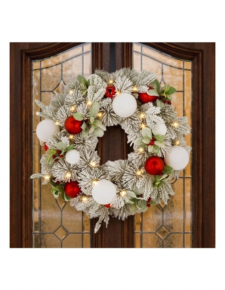 Christabelle 61cm Snowy Elegance Christmas Wreath Pre Lit Warm White LED Red Baubles Berries image 2