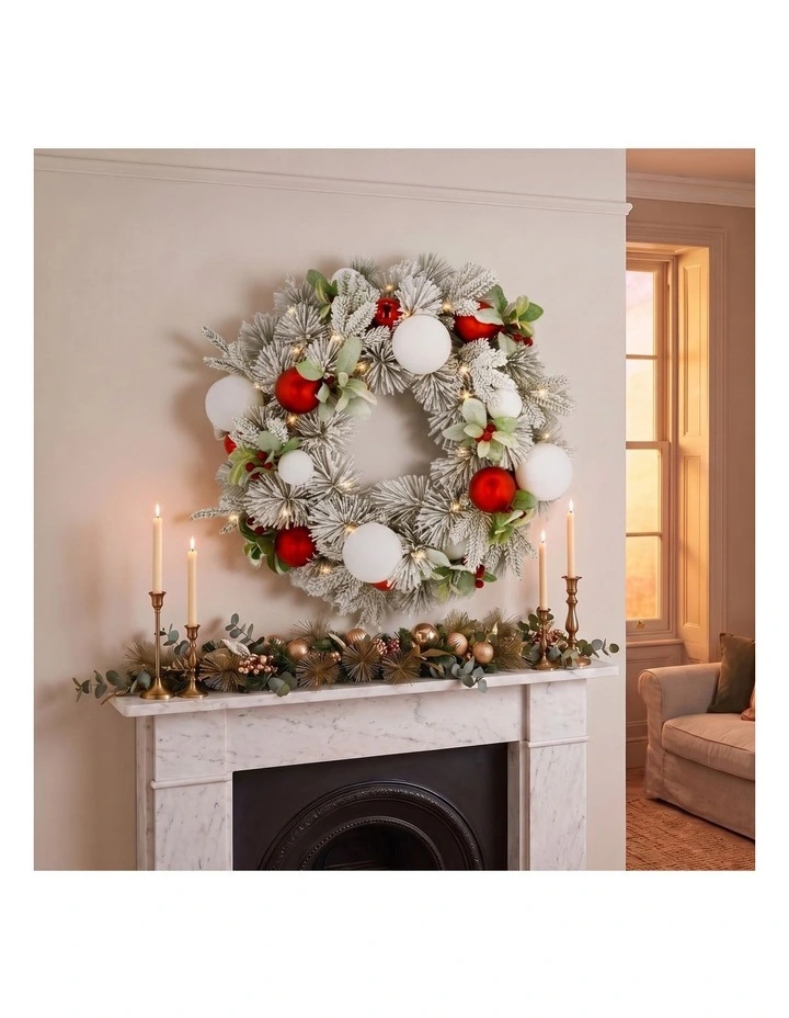 Christabelle 61cm Snowy Elegance Christmas Wreath Pre Lit Warm White LED Red Baubles Berries image 3
