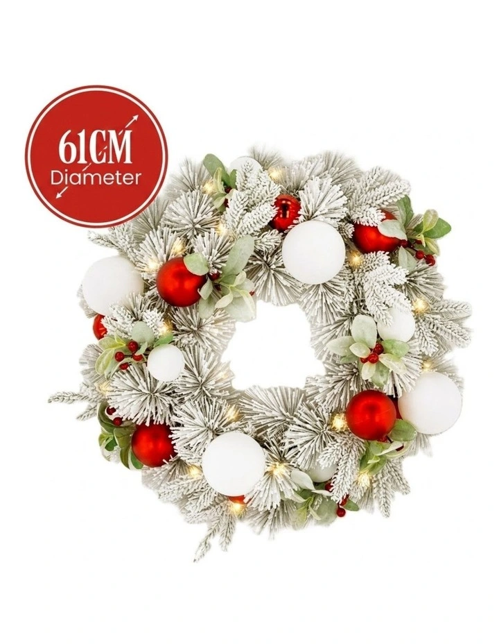 Christabelle 61cm Snowy Elegance Christmas Wreath Pre Lit Warm White LED Red Baubles Berries image 4