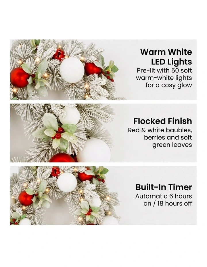 Christabelle 61cm Snowy Elegance Christmas Wreath Pre Lit Warm White LED Red Baubles Berries image 5