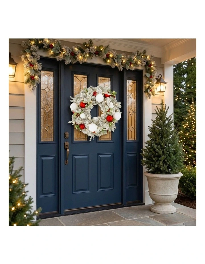 Christabelle 61cm Snowy Elegance Christmas Wreath Pre Lit Warm White LED Red Baubles Berries image 6