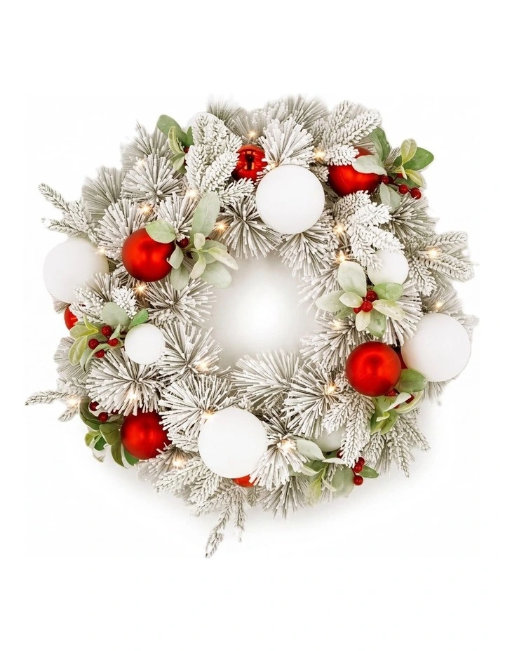 Christabelle 61cm Snowy Elegance Christmas Wreath Pre Lit Warm White LED Red Baubles Berries image 7