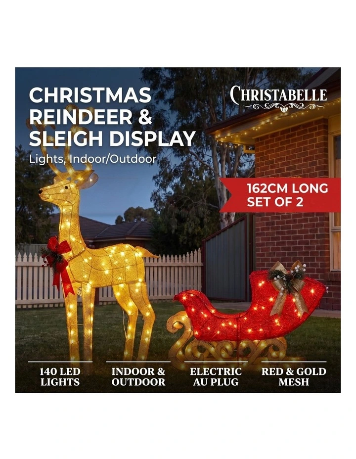 Christabelle 1.62m Reindeer Sleigh Christmas Light Up Display Warm White LED Outdoor Indoor Decor image 2