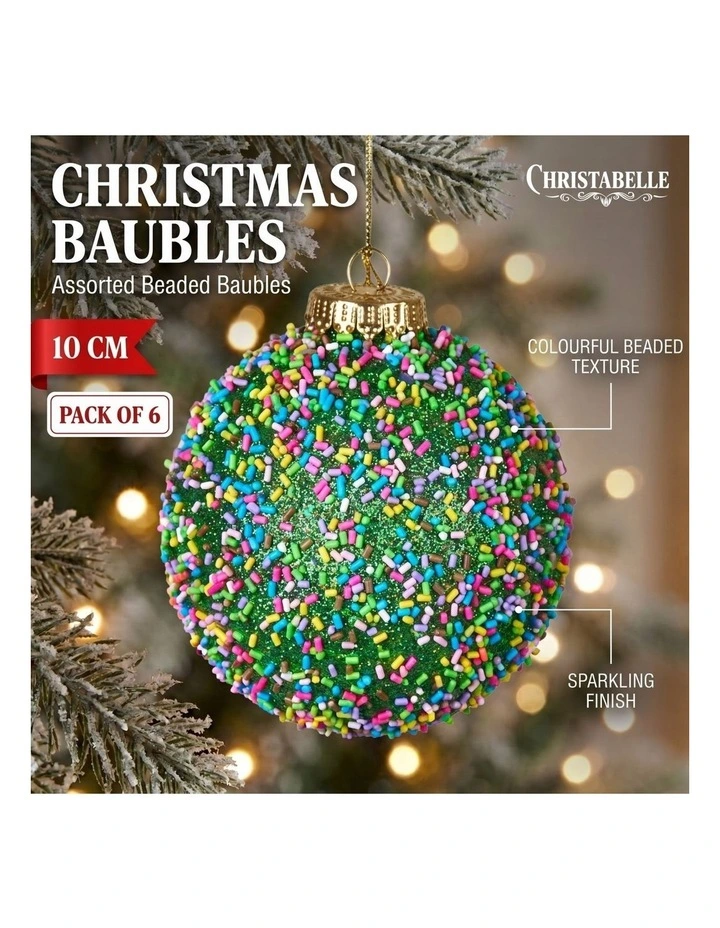 Christabelle 6 Beaded Glass Christmas Baubles Assorted 10cm Decorations Hanging Ornaments Set image 6