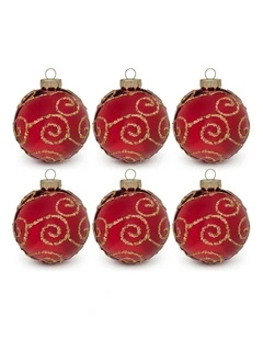 Christabelle 6 Red Glass Christmas Baubles Gold Swirl 8cm Xmas Tree Decorations Box Set