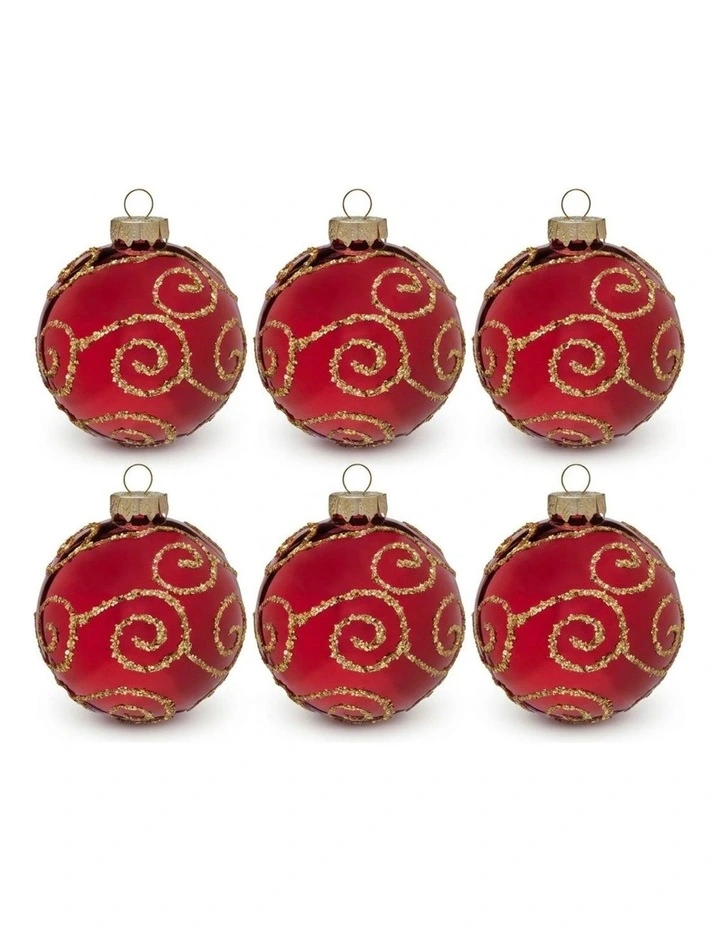 Christabelle 6 Red Glass Christmas Baubles Gold Swirl 8cm Xmas Tree Decorations Box Set image 1