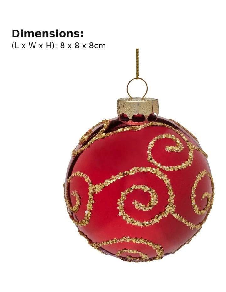 Christabelle 6 Red Glass Christmas Baubles Gold Swirl 8cm Xmas Tree Decorations Box Set image 2