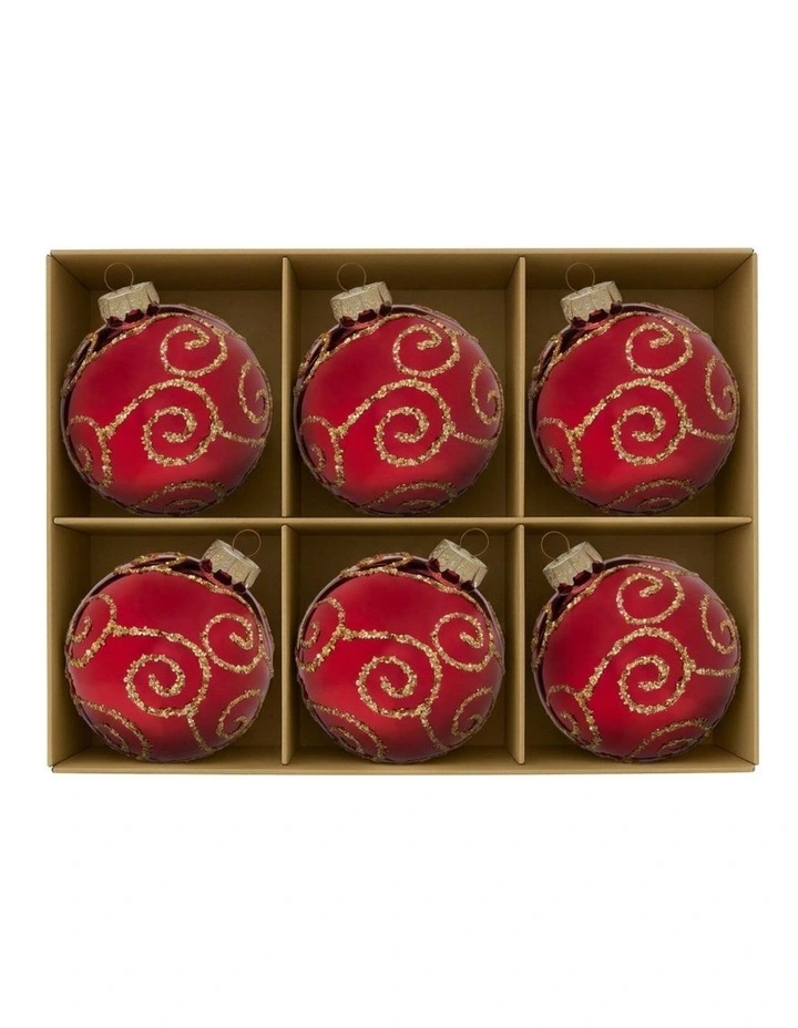 Christabelle 6 Red Glass Christmas Baubles Gold Swirl 8cm Xmas Tree Decorations Box Set image 3