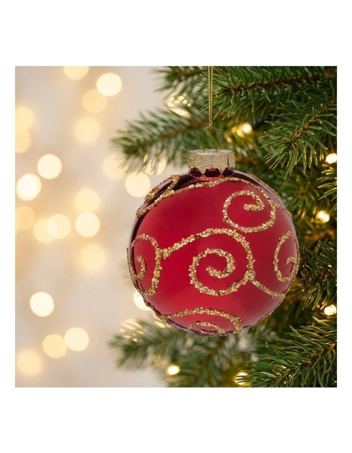 Christabelle 6 Red Glass Christmas Baubles Gold Swirl 8cm Xmas Tree Decorations Box Set image 4