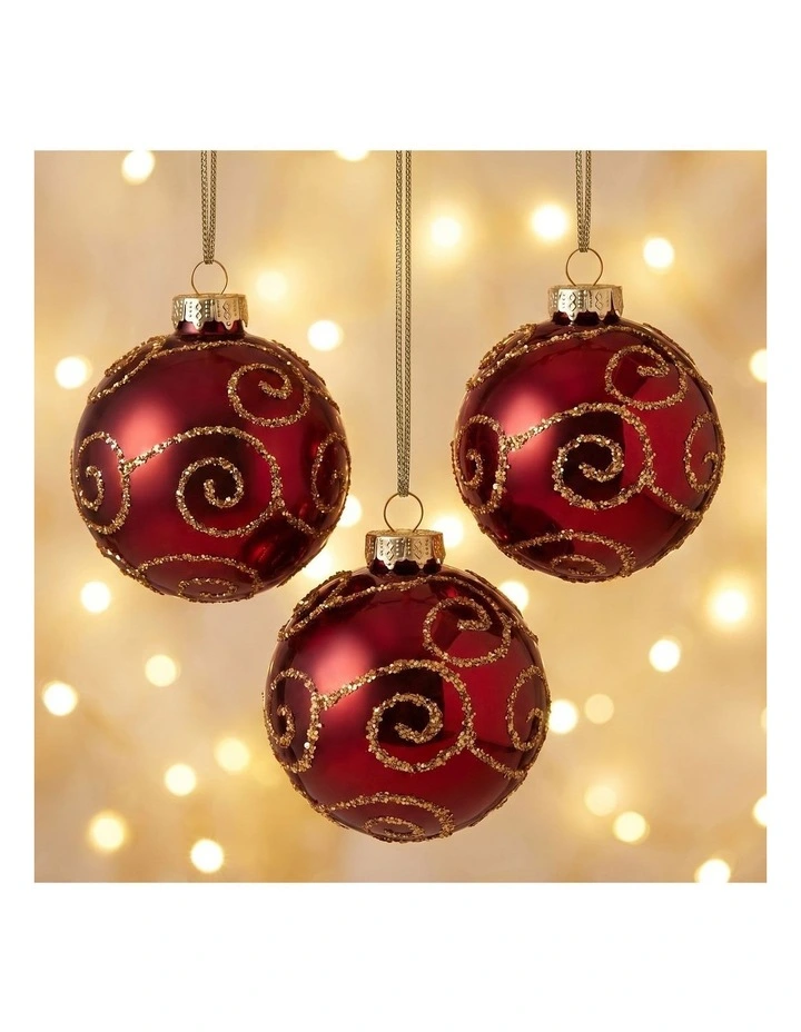 Christabelle 6 Red Glass Christmas Baubles Gold Swirl 8cm Xmas Tree Decorations Box Set image 5