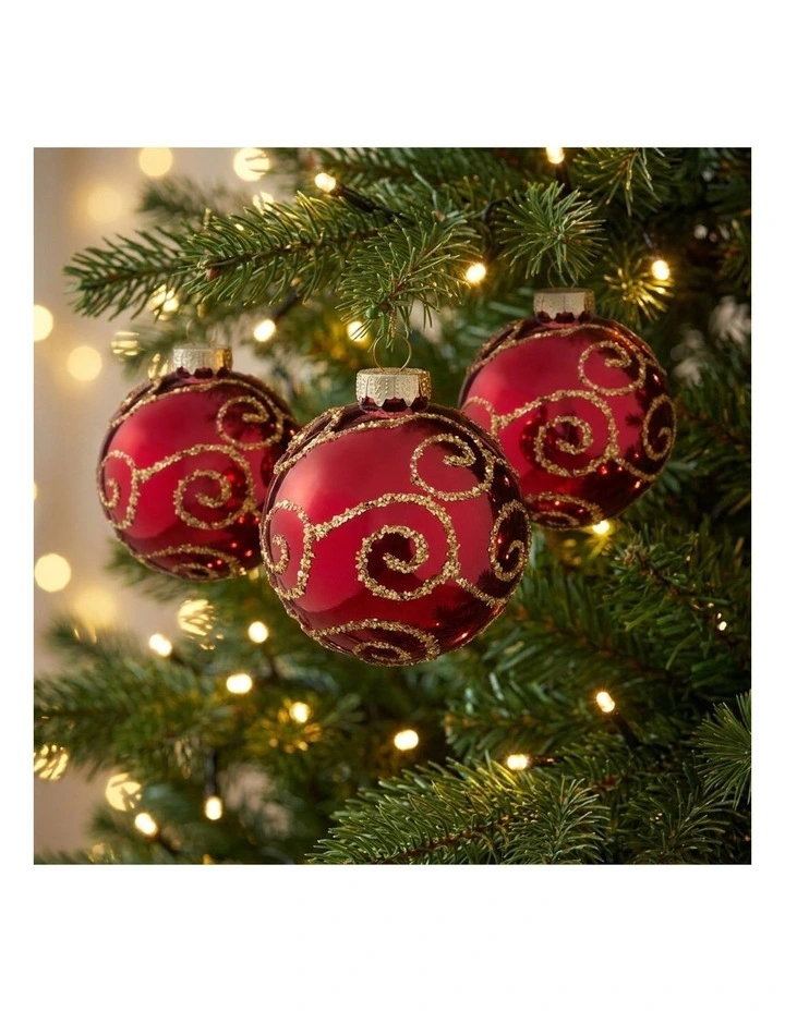 Christabelle 6 Red Glass Christmas Baubles Gold Swirl 8cm Xmas Tree Decorations Box Set image 6