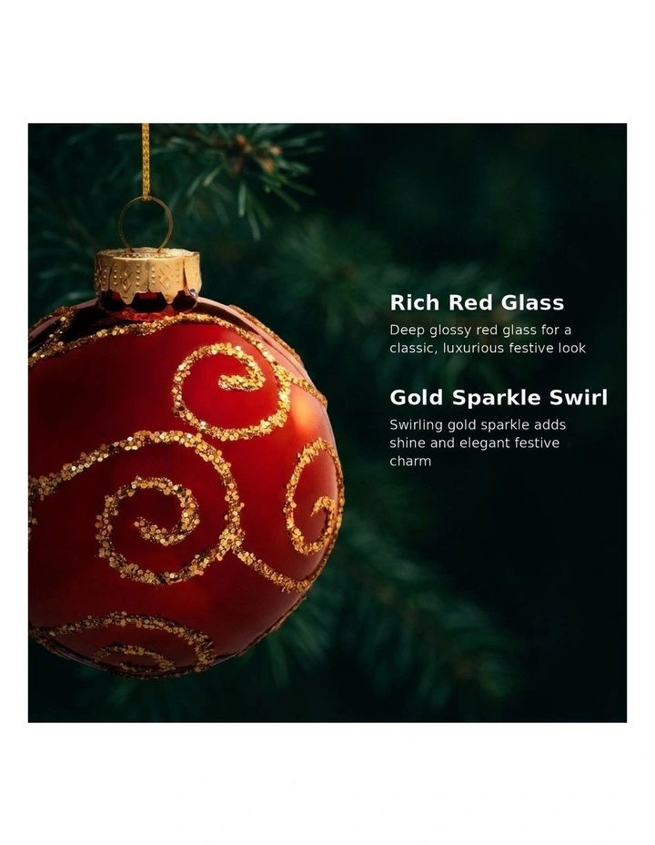 Christabelle 6 Red Glass Christmas Baubles Gold Swirl 8cm Xmas Tree Decorations Box Set image 7