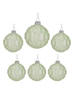 Christabelle 6 Pale Green Glass Christmas Baubles White Shimmer 8cm Xmas Tree Hanging Ornaments