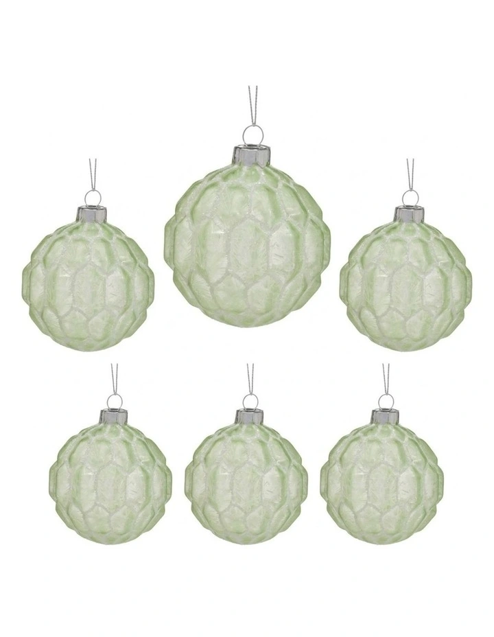 Christabelle 6 Pale Green Glass Christmas Baubles White Shimmer 8cm Xmas Tree Hanging Ornaments image 1
