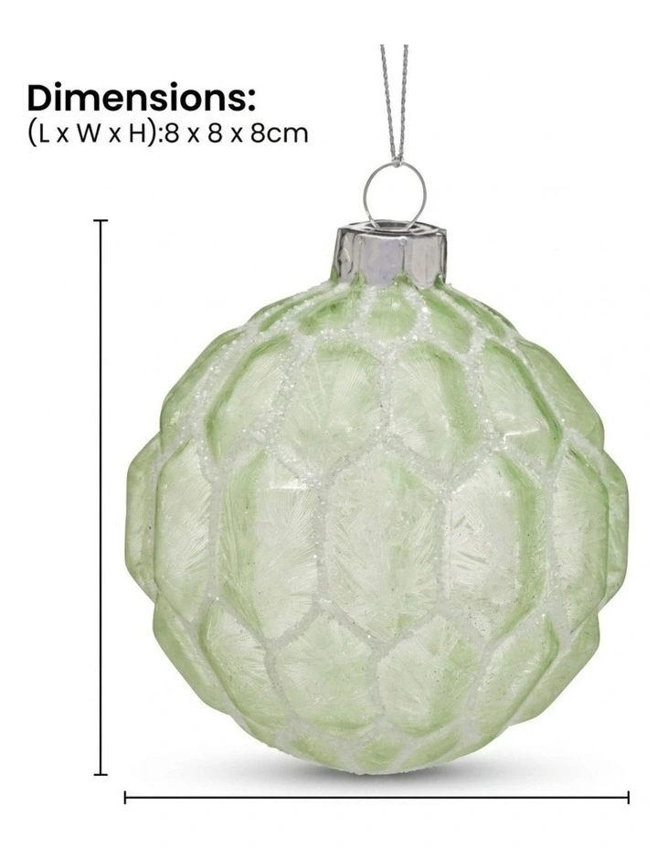 Christabelle 6 Pale Green Glass Christmas Baubles White Shimmer 8cm Xmas Tree Hanging Ornaments image 2