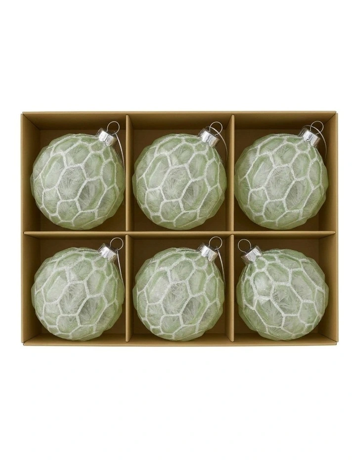 Christabelle 6 Pale Green Glass Christmas Baubles White Shimmer 8cm Xmas Tree Hanging Ornaments image 3