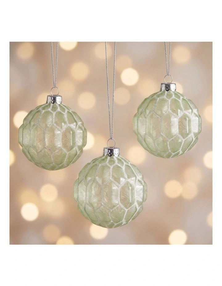 Christabelle 6 Pale Green Glass Christmas Baubles White Shimmer 8cm Xmas Tree Hanging Ornaments image 5