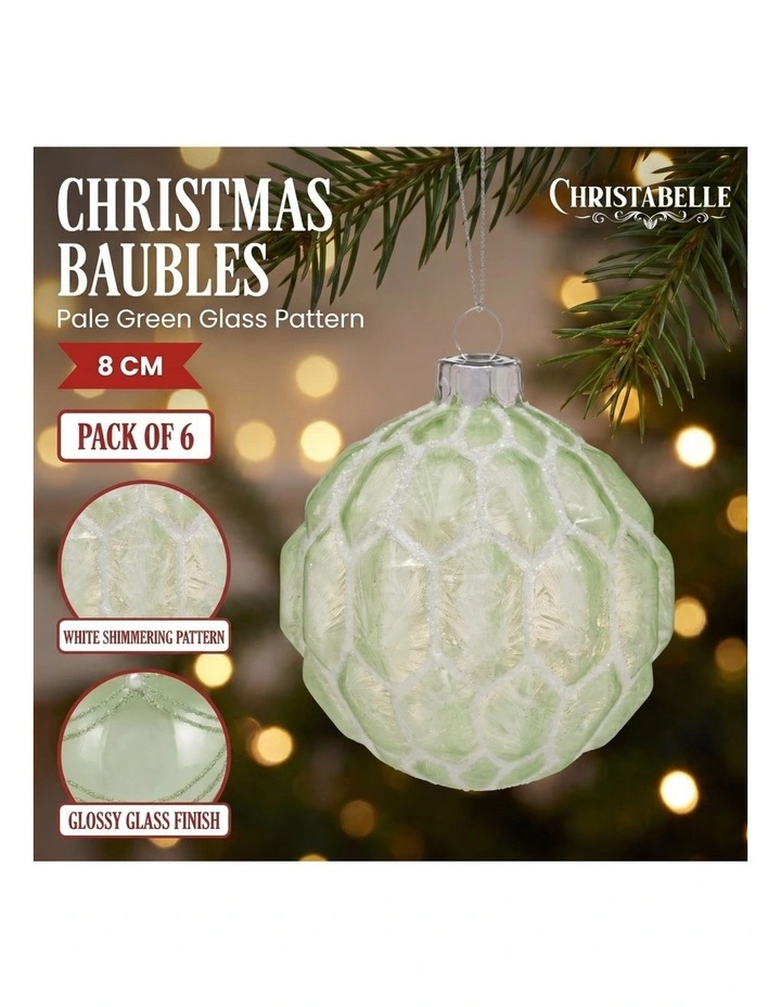 Christabelle 6 Pale Green Glass Christmas Baubles White Shimmer 8cm Xmas Tree Hanging Ornaments image 7