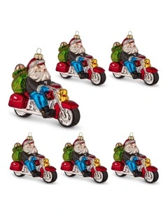 Christabelle 6 Glass Christmas Baubles Motorcycling Santa Novelty 11cm Xmas Tree Decorations