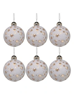 Christabelle 6 White Glass Christmas Baubles Gold Star 8cm Xmas Tree Decorations