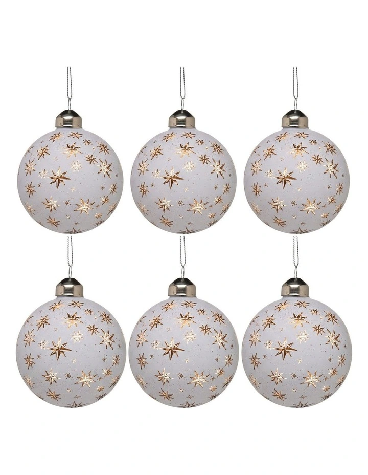 Christabelle 6 White Glass Christmas Baubles Gold Star 8cm Xmas Tree Decorations image 1