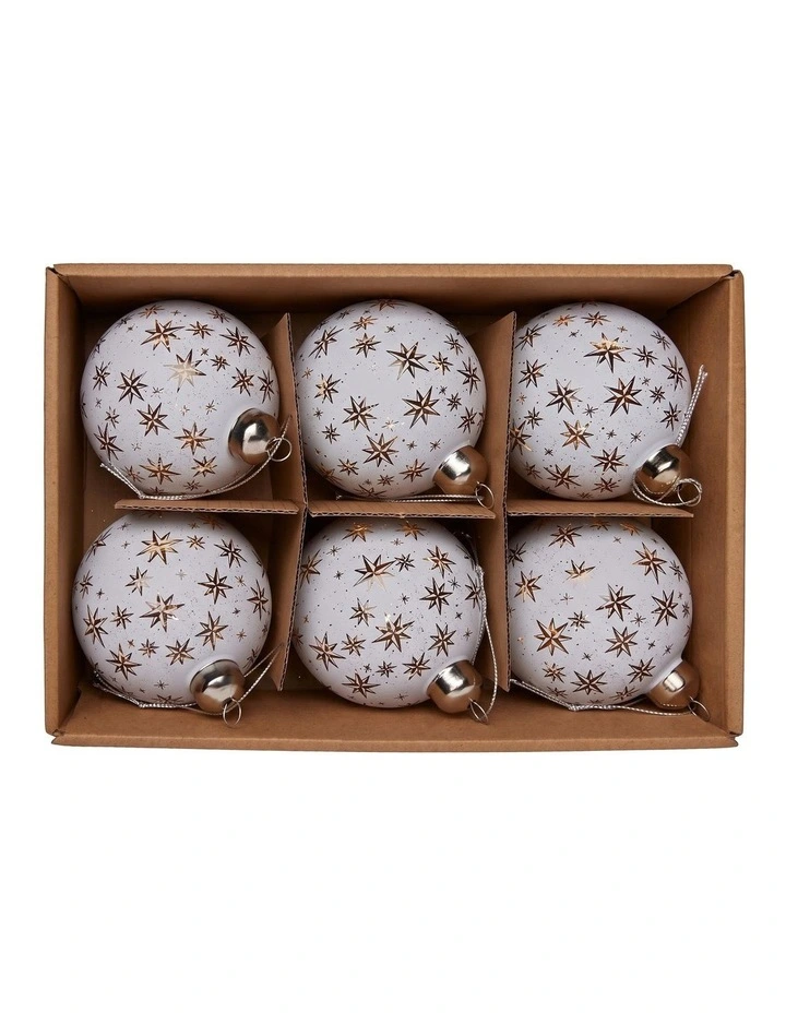 Christabelle 6 White Glass Christmas Baubles Gold Star 8cm Xmas Tree Decorations image 6