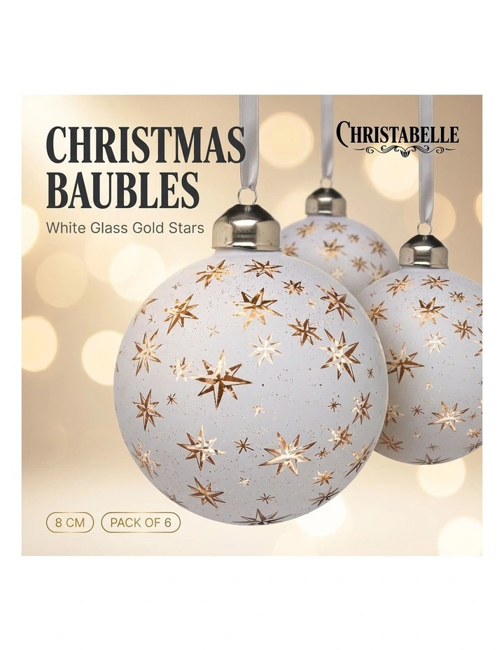 Christabelle 6 White Glass Christmas Baubles Gold Star 8cm Xmas Tree Decorations image 7