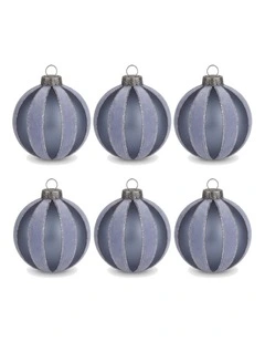 Christabelle 6 Grey Glass Christmas Baubles Velvet Stripe Silver Trim 8cm Xmas Tree Decorations