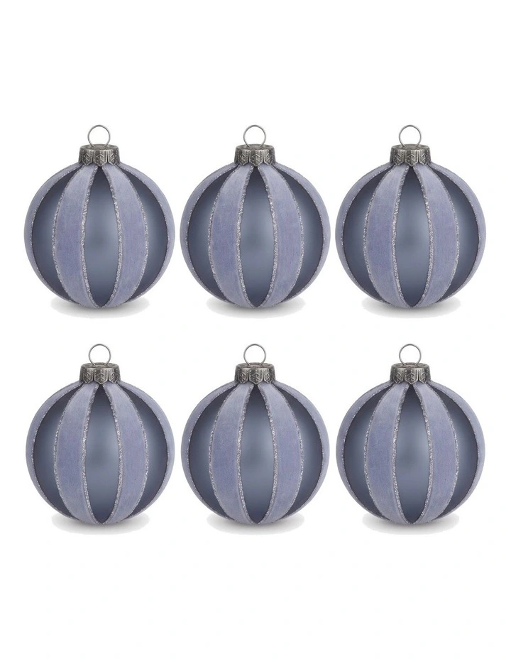 Christabelle 6 Grey Glass Christmas Baubles Velvet Stripe Silver Trim 8cm Xmas Tree Decorations image 1