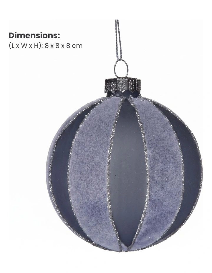 Christabelle 6 Grey Glass Christmas Baubles Velvet Stripe Silver Trim 8cm Xmas Tree Decorations image 2