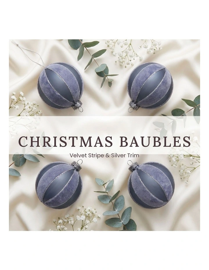 Christabelle 6 Grey Glass Christmas Baubles Velvet Stripe Silver Trim 8cm Xmas Tree Decorations image 3