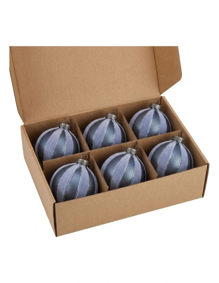 Christabelle 6 Grey Glass Christmas Baubles Velvet Stripe Silver Trim 8cm Xmas Tree Decorations image 4