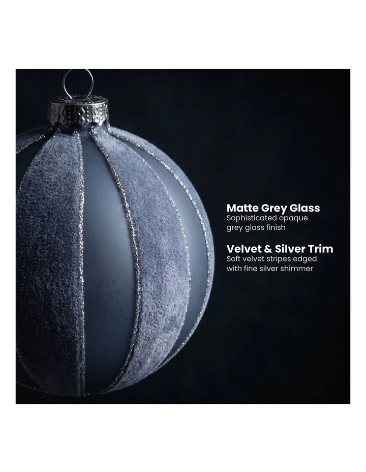 Christabelle 6 Grey Glass Christmas Baubles Velvet Stripe Silver Trim 8cm Xmas Tree Decorations image 5