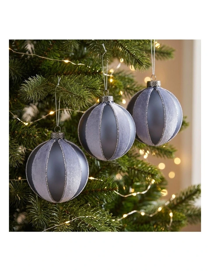 Christabelle 6 Grey Glass Christmas Baubles Velvet Stripe Silver Trim 8cm Xmas Tree Decorations image 7