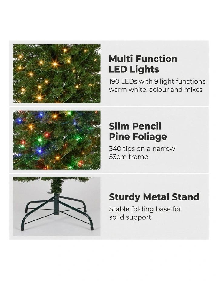 Christabelle 1.8m 6ft Pencil Pine Christmas Tree Pre Lit Multi Function LED Slim Artificial image 7