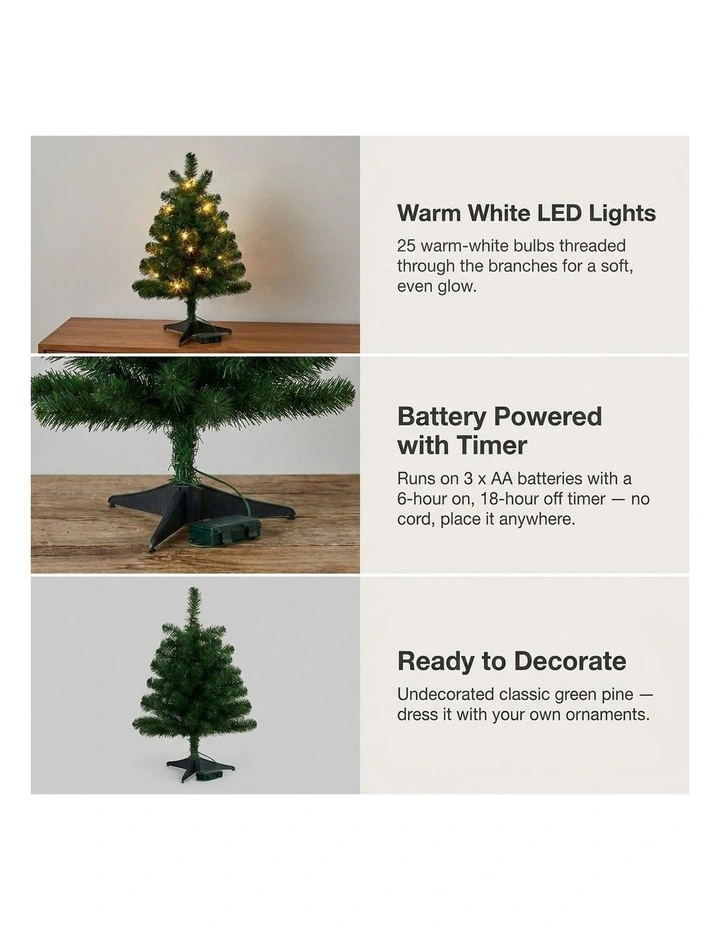 Christabelle 61cm 2ft Highland Pine Christmas Tree Pre Lit Warm White LED Timer Tabletop image 5