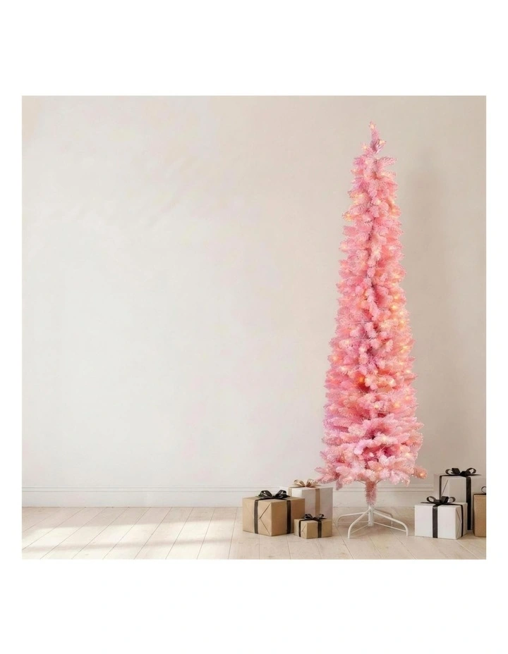 Christabelle 1.8m 6ft Pink Fairy Floss Christmas Tree Pre Lit RGB LED Flocked Slim Artificial image 5