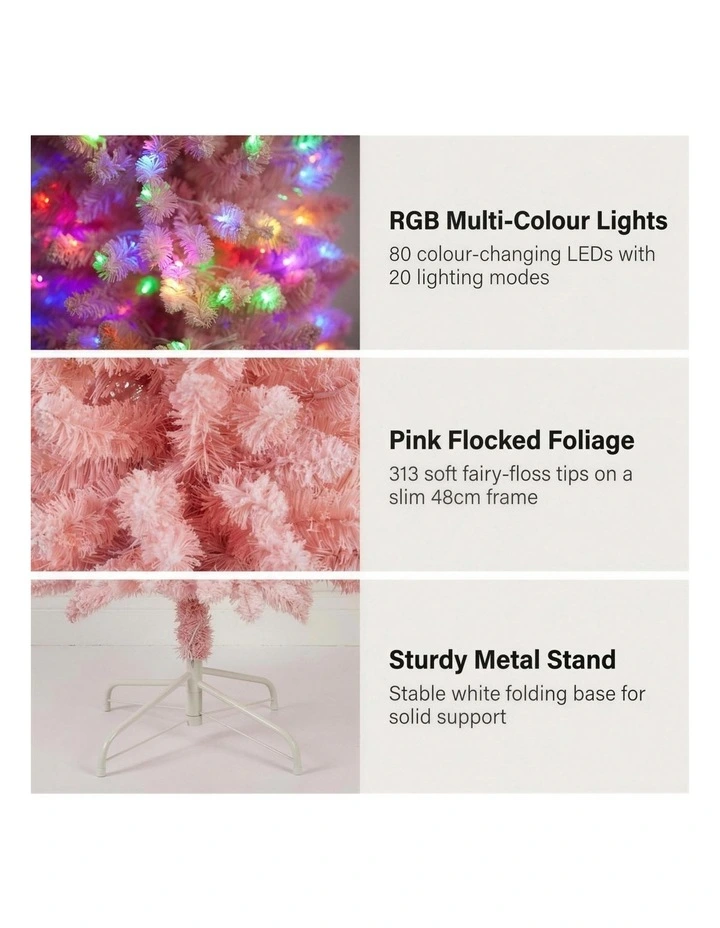 Christabelle 1.8m 6ft Pink Fairy Floss Christmas Tree Pre Lit RGB LED Flocked Slim Artificial image 7