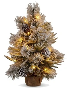 Christabelle 61cm 2ft Alpine Snow Potted Christmas Tree Pre Lit LED Pinecone Hessian Tabletop