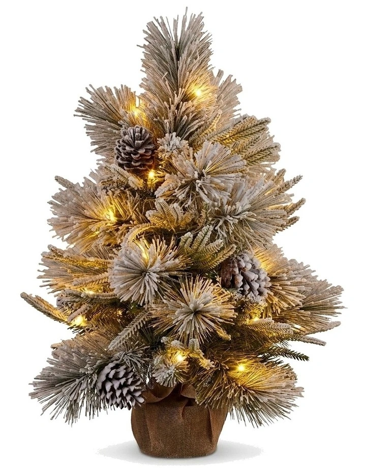 Christabelle 61cm 2ft Alpine Snow Potted Christmas Tree Pre Lit LED Pinecone Hessian Tabletop image 1