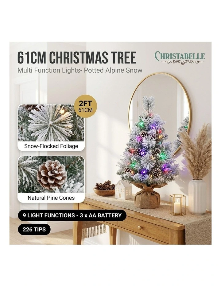 Christabelle 61cm 2ft Alpine Snow Potted Christmas Tree Pre Lit LED Pinecone Hessian Tabletop image 4