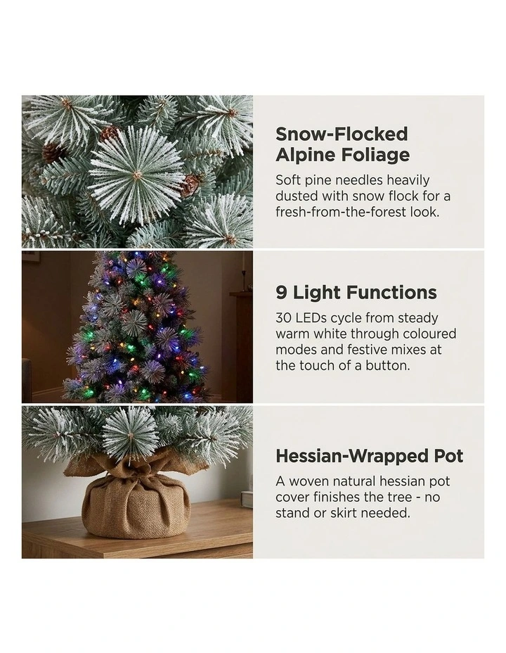 Christabelle 61cm 2ft Alpine Snow Potted Christmas Tree Pre Lit LED Pinecone Hessian Tabletop image 7