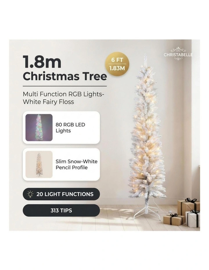 Christabelle 1.8m 6ft White Fairy Floss Christmas Tree Pre Lit RGB LED Flocked Slim 20 Modes image 2