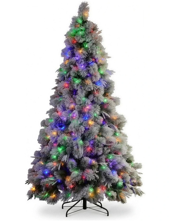 Christabelle 2.3m 7.5ft Alpine Snow Christmas Tree Pre Lit Multi Function LED Flocked Pine Cones image 1