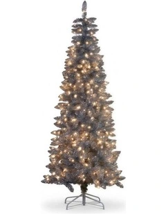 Christabelle 2.1m 7ft Silver Tinsel Christmas Tree Pre Lit Warm White LED Retro Artificial