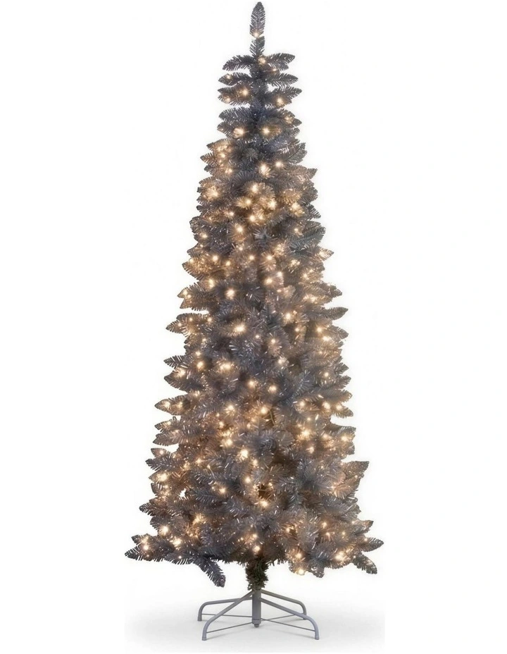 Christabelle 2.1m 7ft Silver Tinsel Christmas Tree Pre Lit Warm White LED Retro Artificial image 1