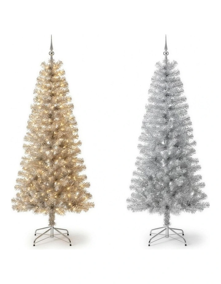 Christabelle 2.1m 7ft Silver Tinsel Christmas Tree Pre Lit Warm White LED Retro Artificial image 4