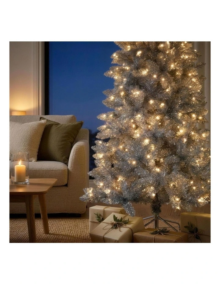 Christabelle 2.1m 7ft Silver Tinsel Christmas Tree Pre Lit Warm White LED Retro Artificial image 7